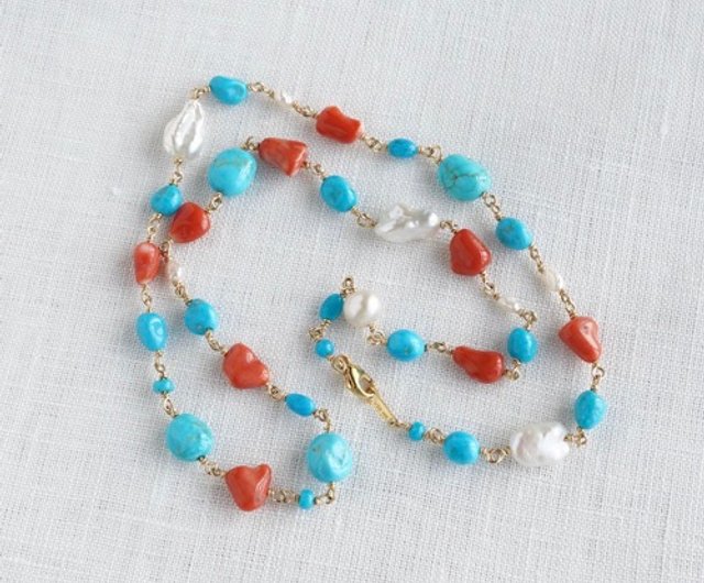 Turquoise coral and pearl necklace [OP801] - Shop ateliersimo