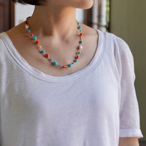 Turquoise coral and pearl necklace [OP801] - Shop ateliersimo