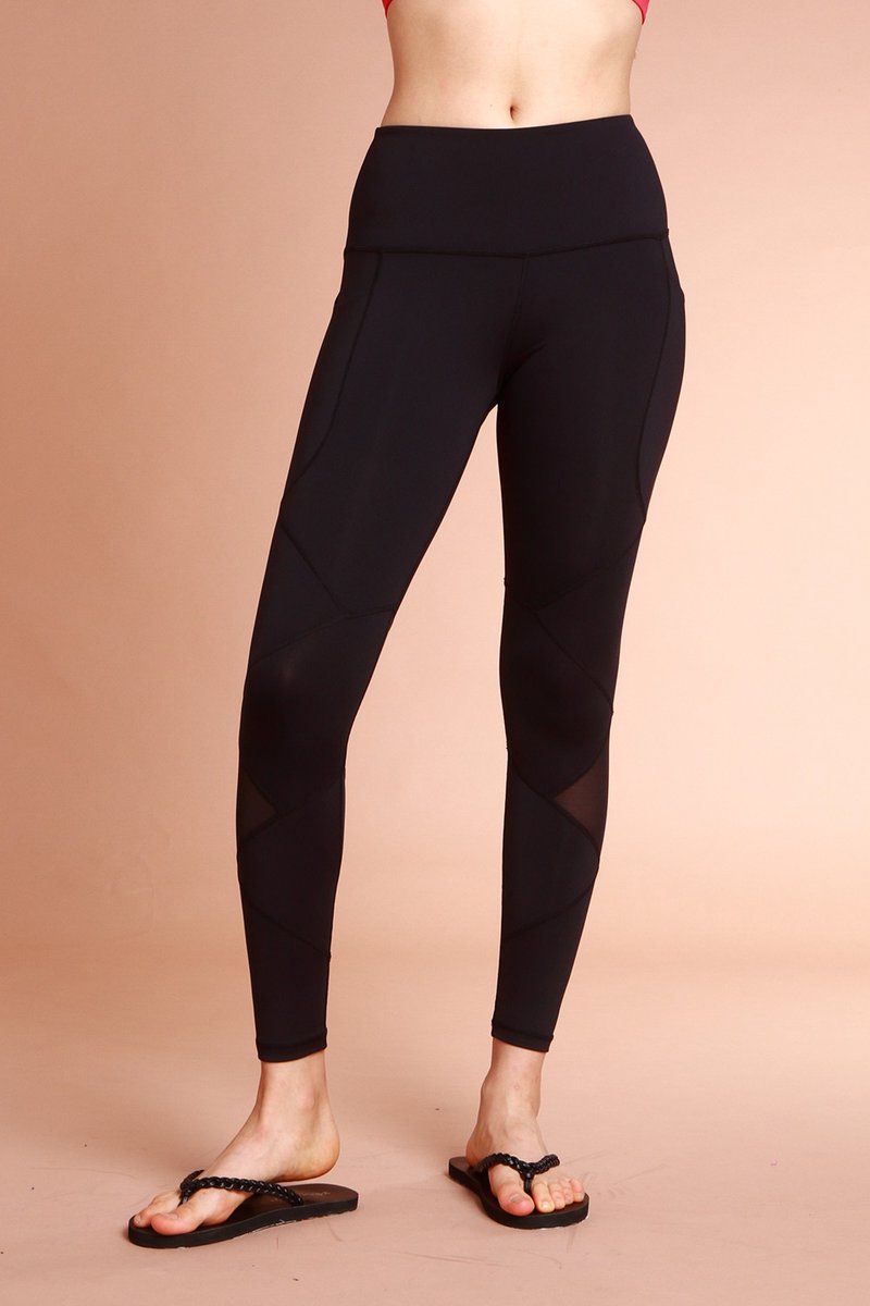 【換季特惠】#1316 高腰網紗微透膚口袋九分緊身褲 吸溼排汗-黑 - 瑜珈服/瑜珈褲 - 聚酯纖維 黑色