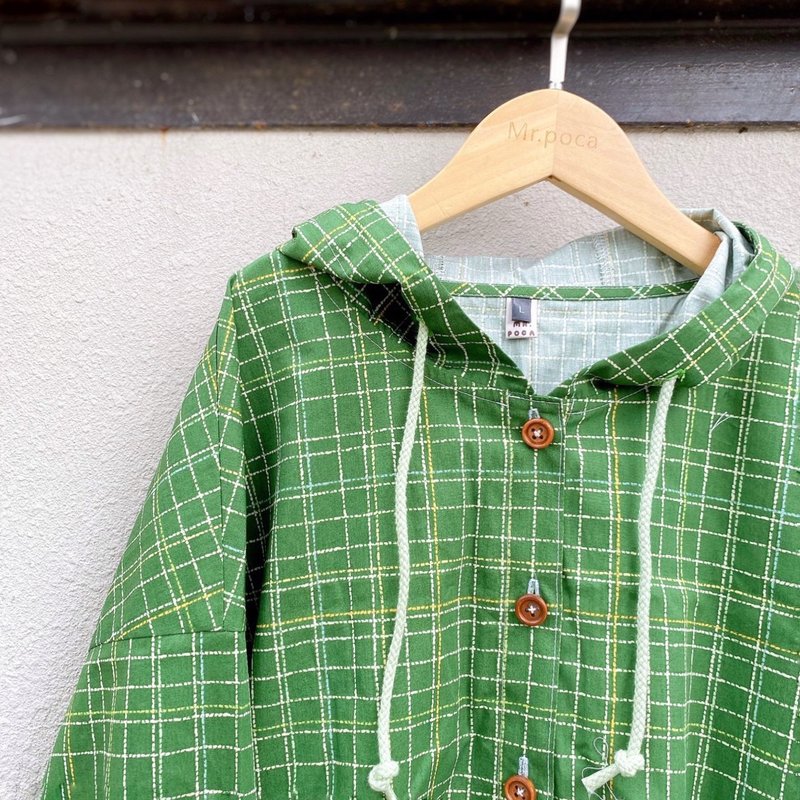 Minimalist Green Plaid - MissLady Hooded Jacket in Stock - เสื้อแจ็คเก็ต - ผ้าฝ้าย/ผ้าลินิน สีเขียว