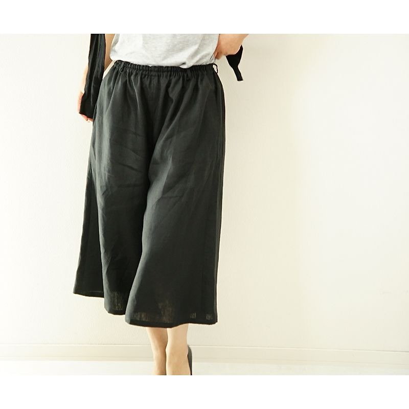 【wafu】Belgian linen 100% Wide pants /　Black  bo6-16 - パンツ レディース - コットン・麻 ブラック