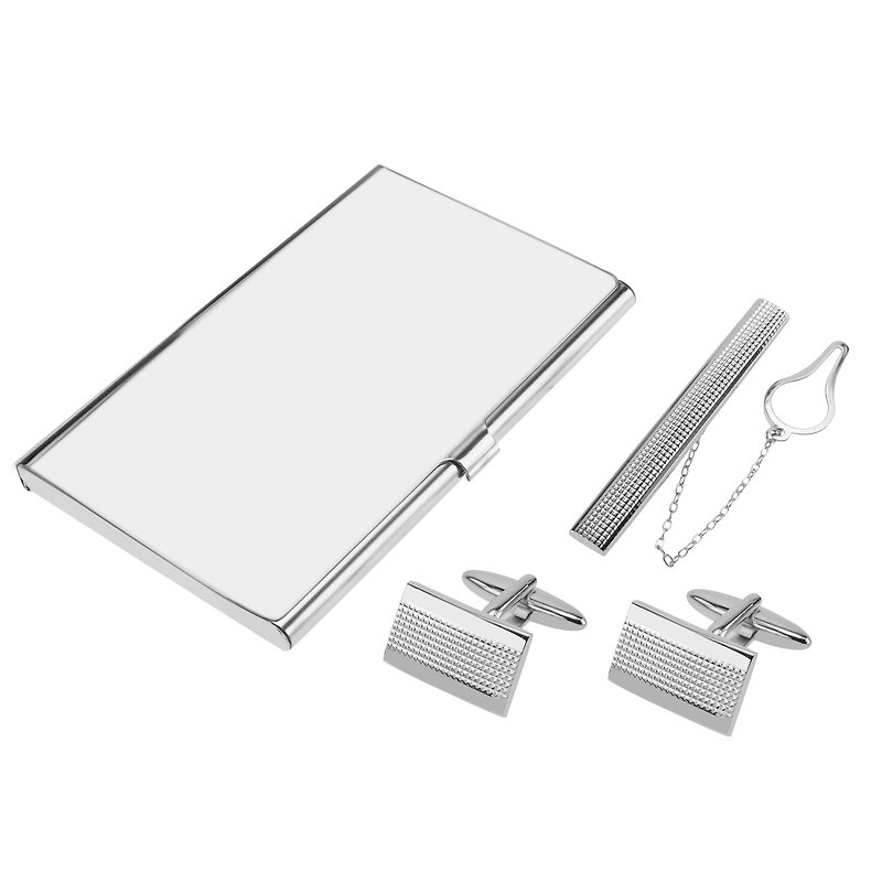 Silver Grid Cufflinks Tie Clip and Card Holder Set - กระดุมข้อมือ - โลหะ สีเงิน