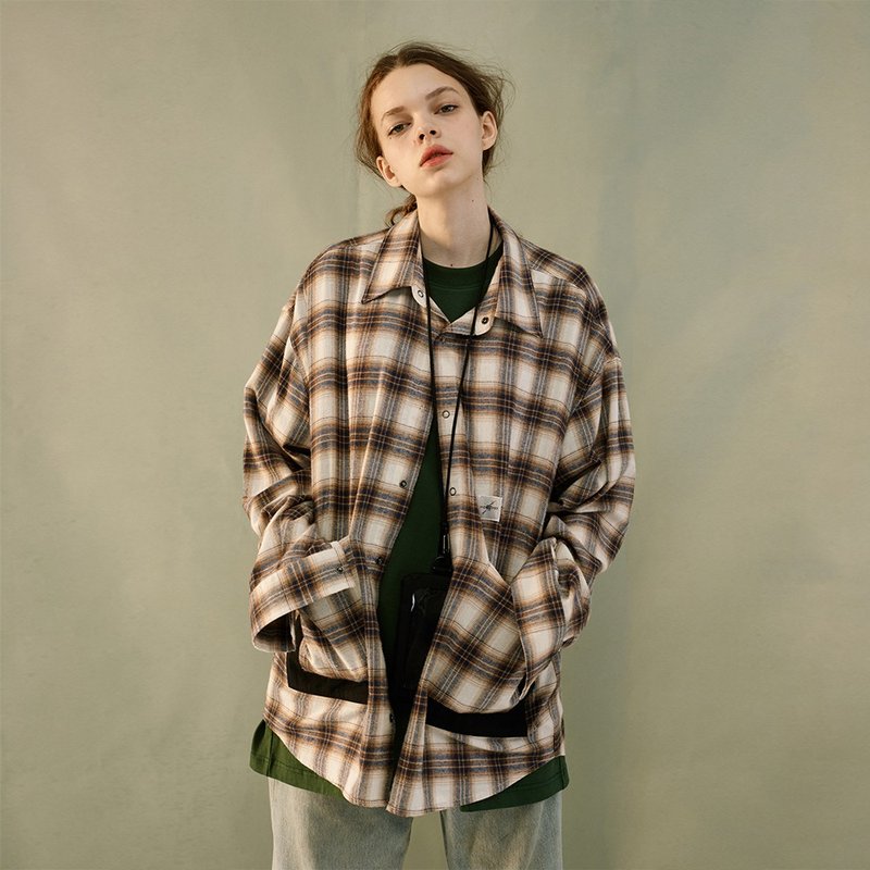 MOKACME 2020-2021SS Vintage Flannel Plaid Shirt - เสื้อเชิ้ตผู้ชาย - ผ้าฝ้าย/ผ้าลินิน สีนำ้ตาล