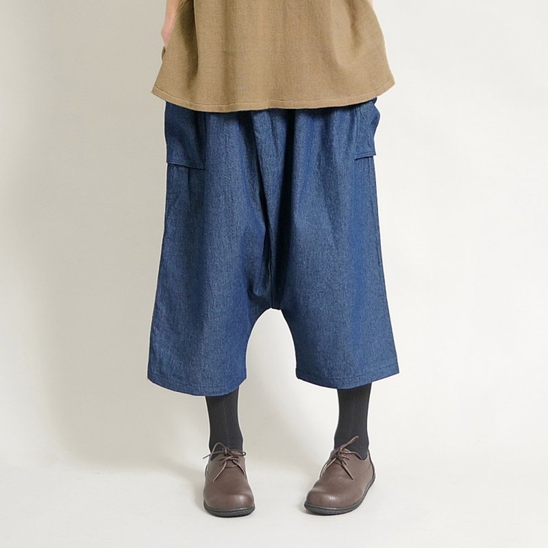 Relaxed inseam silhouette, wrap design, denim sarouel pants, blue, d-pn508 - กางเกงขายาว - ผ้าฝ้าย/ผ้าลินิน สีน้ำเงิน