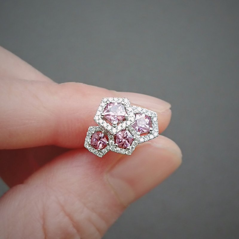 Pink Spinel Pentagon Star Cut Halo Diamonds 18K Solid White Gold Stud Earrings - Earrings & Clip-ons - Gemstone Pink