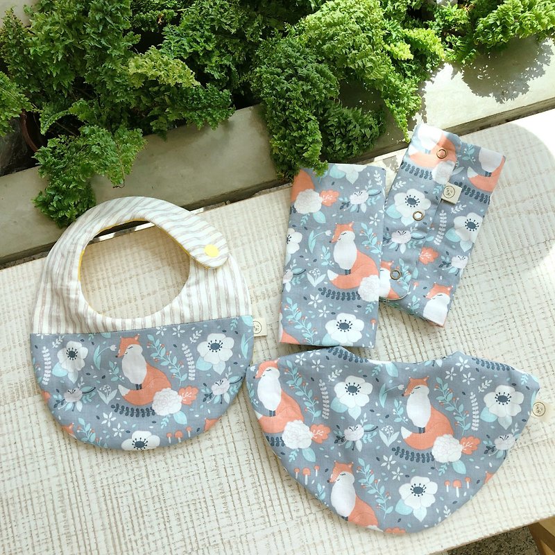 Gray bottom fox Korean cotton cloth moon gift box two-piece sling with saliva towel + handmade bib - Baby Gift Sets - Cotton & Hemp 