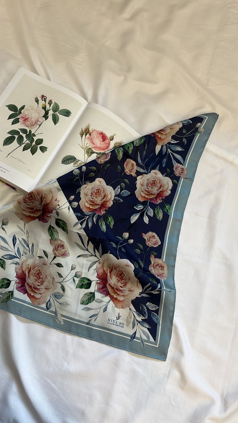 60x60 Blue leaf rose double-sided silk scarf (blue, gray and white) - ผ้าพันคอ - ผ้าไหม หลากหลายสี