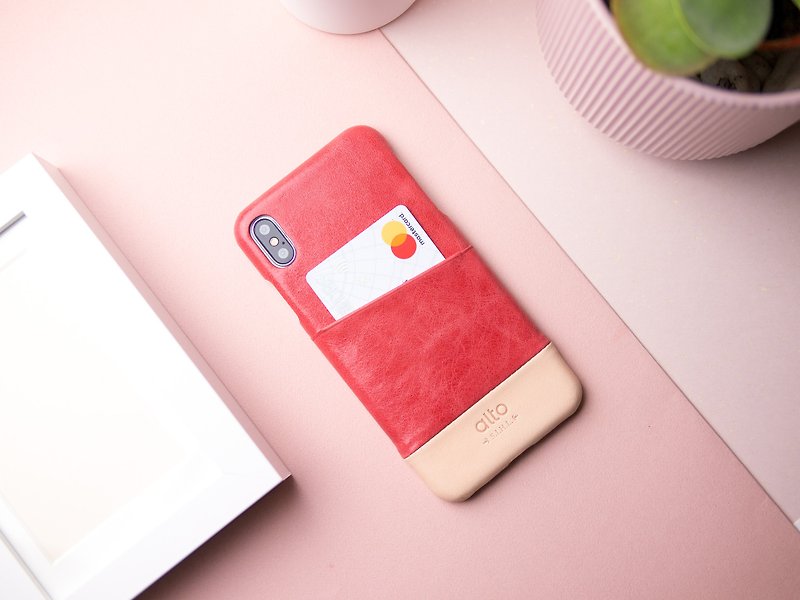 插卡皮革手機殼 iPhone Xs Max  - 紅/本【可加購雷雕刻字】 - 手機殼/手機套 - 真皮 紅色