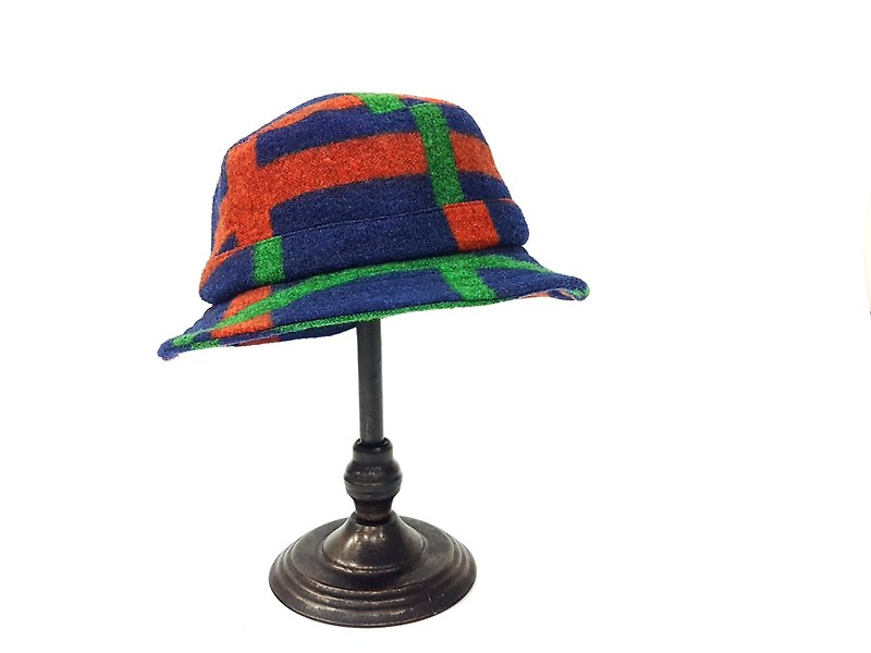 英式圓盤小盤帽-藍底綠橘格紋毛呢 #保暖 #限量 #毛料 - 帽子 - 其他材質 多色
