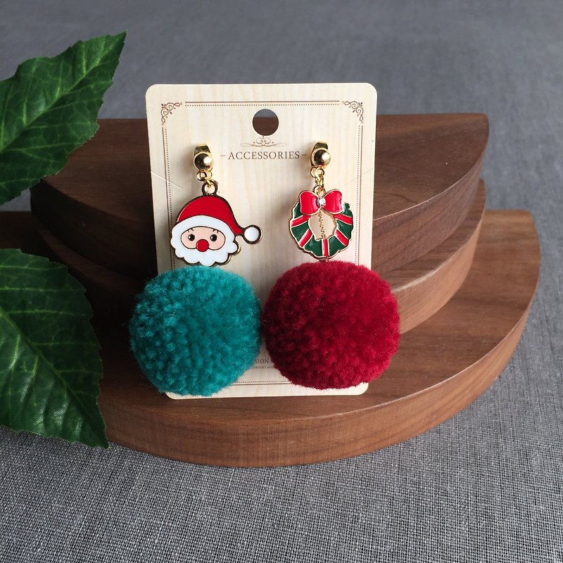 Christmas present﹣Santa Claus wreath tree red green gift cute fur ball earrings - Earrings & Clip-ons - Wool Multicolor