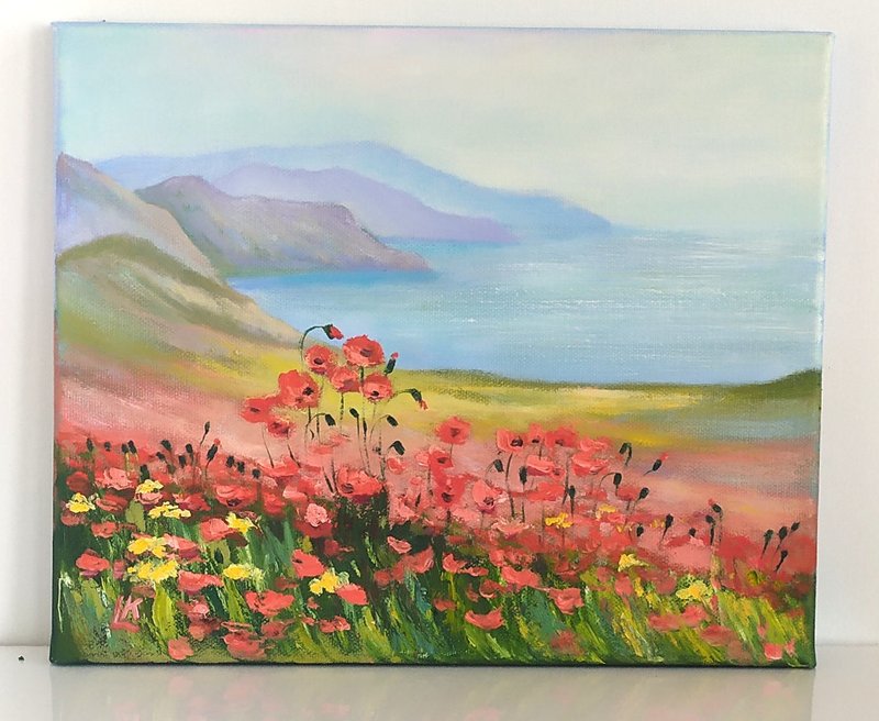 Seascape Oil Painting on Canvas Flowers Art Poppies Art Sunny Landscape Wall Art - 壁貼/牆壁裝飾 - 棉．麻 多色
