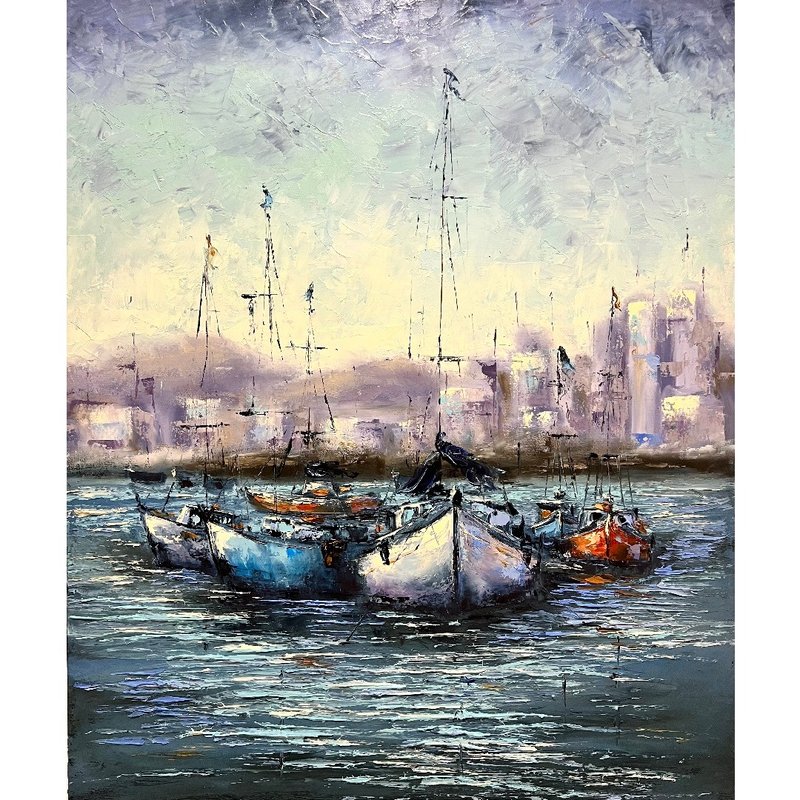 Sailboats Painting Seascape Artwork Original Art 60x50 cm/ 24 by 20 inch - โปสเตอร์ - ผ้าฝ้าย/ผ้าลินิน หลากหลายสี