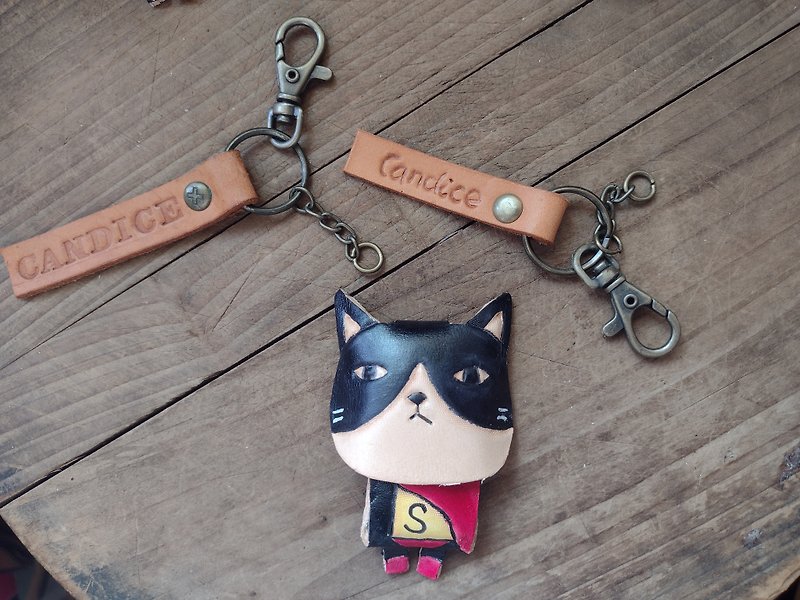可愛超人賓士酷貓咪 喵星人 純牛皮鑰匙圈- 可刻字 - 鑰匙圈/鎖匙扣 - 真皮 黑色