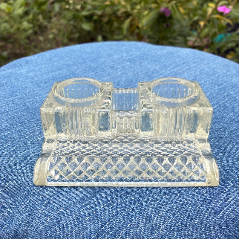 Antique Double Inkwell Stand – Pressed Glass Desk Accessory c.1900s – Elegant - 擺飾/家飾品 - 玻璃 透明