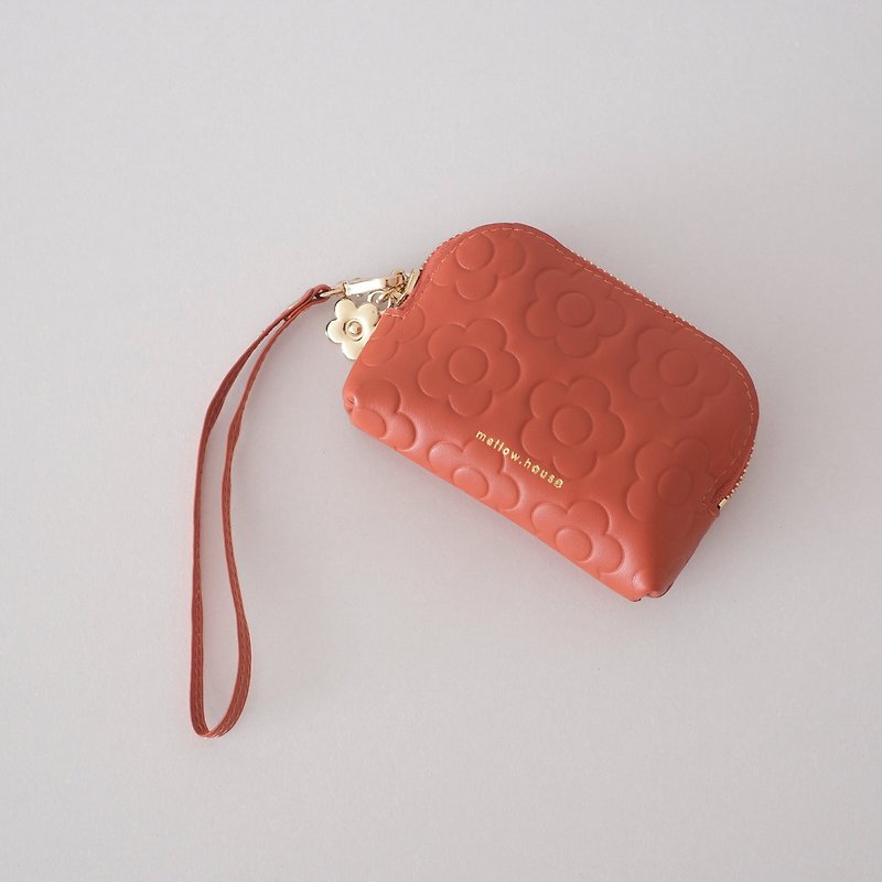 Mellow purse กระเป๋าสตางค์หนังขนาดเล็ก ลายดอกไม้ กระเป๋าเหรียญ สายคล้องมือ - กระเป๋าสตางค์ - หนังแท้ สีแดง