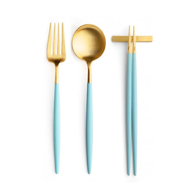 GOA TURQUOISE MATTE GOLD 3 PIECES SET (TABLE SPOON/ TABLE FORK/ CHOPSTICKERS) - Cutlery & Flatware - Stainless Steel Blue