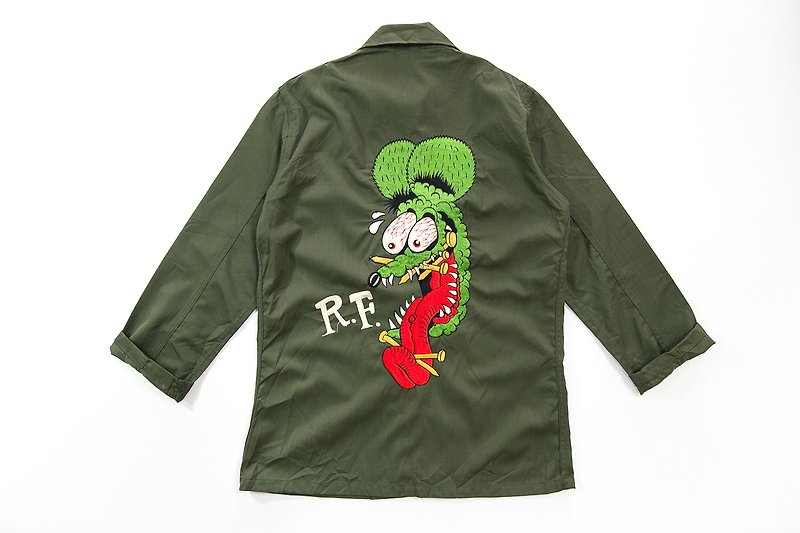 [3thclub MINGREN tong] RAT FINK uniform shirt embroidery mice Fink RF-002 - เสื้อเชิ้ตผู้ชาย - ผ้าฝ้าย/ผ้าลินิน สีเขียว
