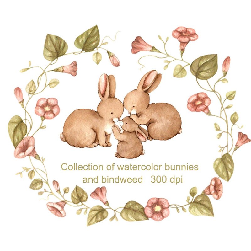 其他材質 其他數位商品 白色 - collection of watercolor hare and bindweed. digital file. Separate elements and