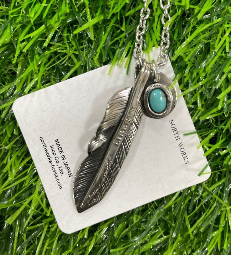 Japan NORTH WORKS Feather Turquoise Coin Necklace N-410 Sterling Silver Necklace Natural Stone - สร้อยคอ - เงินแท้ 