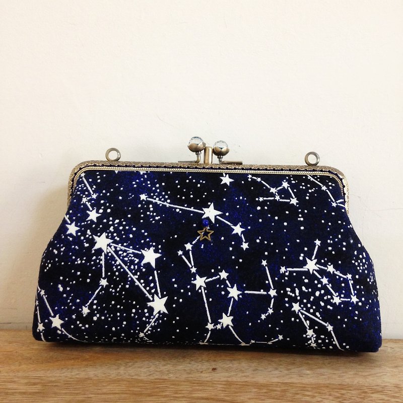Glittering star double gold - Sling backpack / shoulder bag / cell phone package - กระเป๋าแมสเซนเจอร์ - ผ้าฝ้าย/ผ้าลินิน สีน้ำเงิน