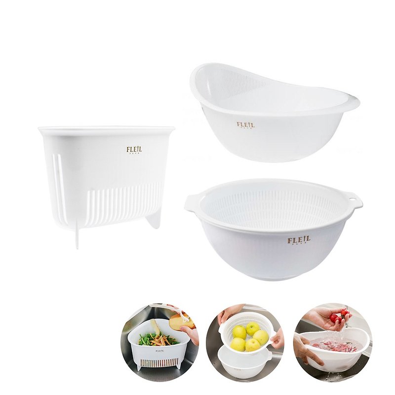 日本NAKAYA  日本製三角形瀝水/洗米/蔬果籃3件組 - 便當盒/飯盒 - 其他材質 白色