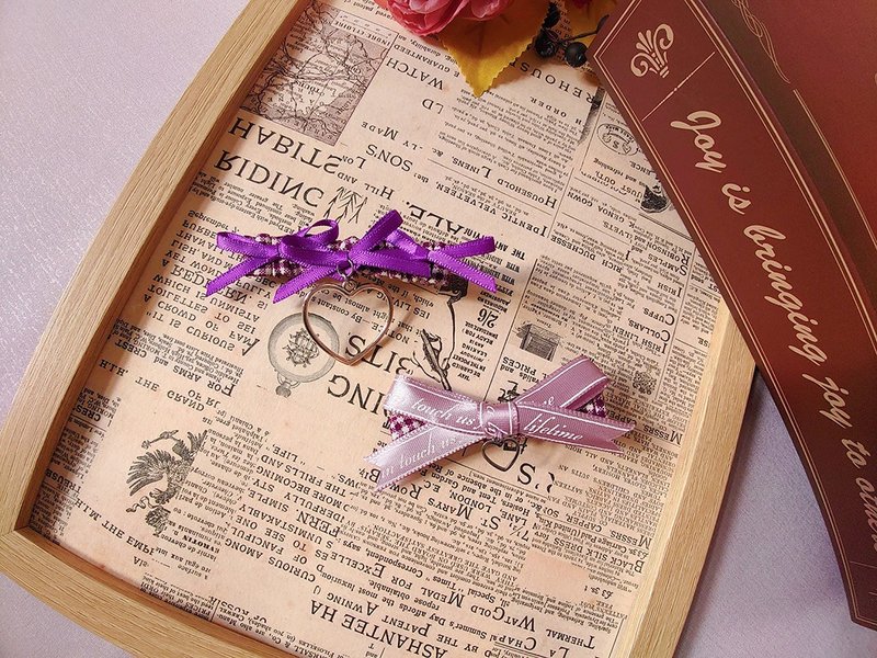 [Heartbeat Stroll] Plaid Bow Love Hair Clip/Purple丨Sweetness/Pastoral Lolita丨French Sweetness - Hair Accessories - Cotton & Hemp Purple