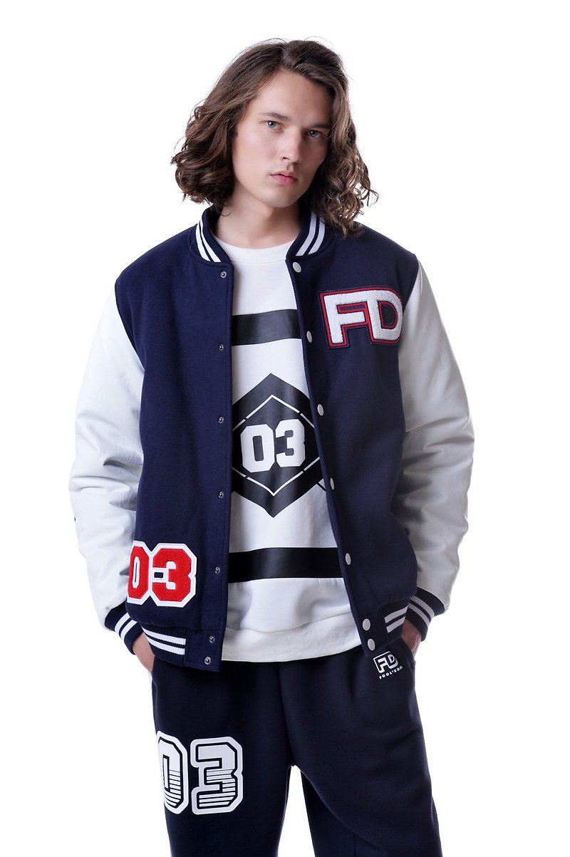 香港設計 | Fools Day 刺繡拼接棒球衣 - 男夾克/外套 - 聚酯纖維 藍色