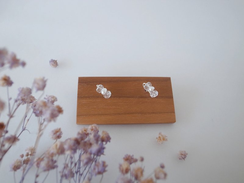 [Earrings] Ear pin white crystal 925 sterling silver bow pearl earrings - ต่างหู - ไข่มุก ขาว
