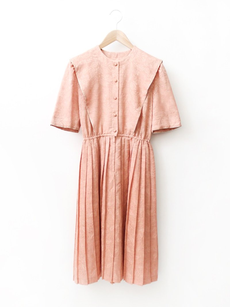 【RE1004D1408】早秋日本製復古印花布蜜桃粉橘短袖古著洋裝 - 連身裙 - 聚酯纖維 橘色