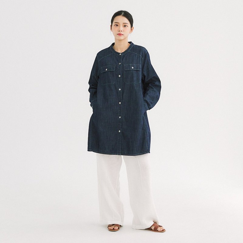 【Simply Yours】Washed denim long top dark blue F - One Piece Dresses - Cotton & Hemp Blue