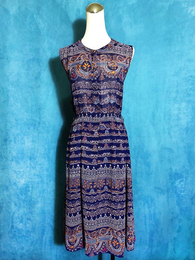 Exotic totem chiffon sleeveless vintage dress / bring back VINTAGE - ชุดเดรส - เส้นใยสังเคราะห์ สีน้ำเงิน