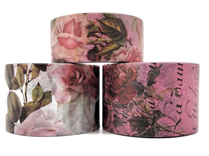 Vintage Roses Washi Tapes Set of 3 rolls for Scrapbooks, Jou - 紙膠帶/和紙/PET - 紙 粉紅色
