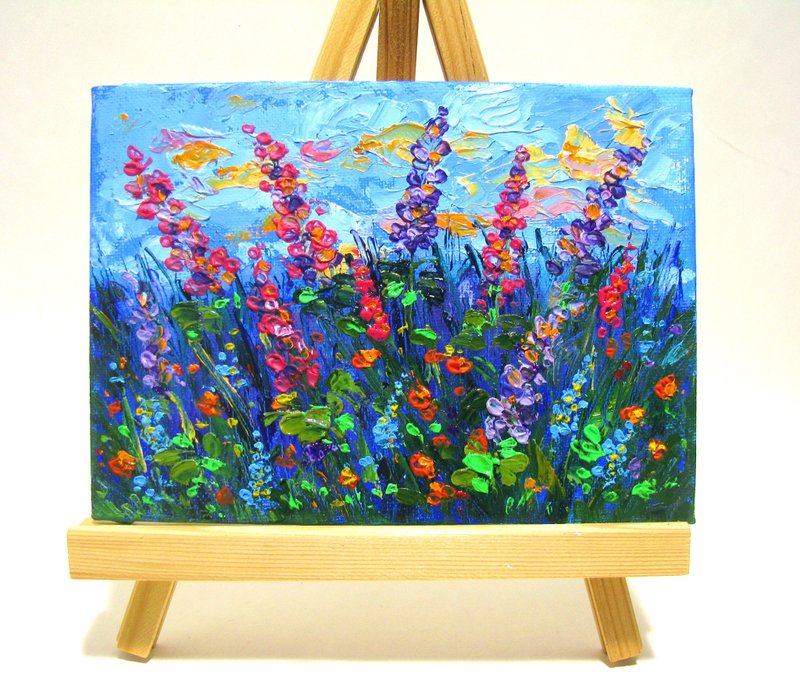 Mini oil painting impasto style wild meadow flowers small size home décor - ตกแต่งผนัง - วัสดุอื่นๆ หลากหลายสี