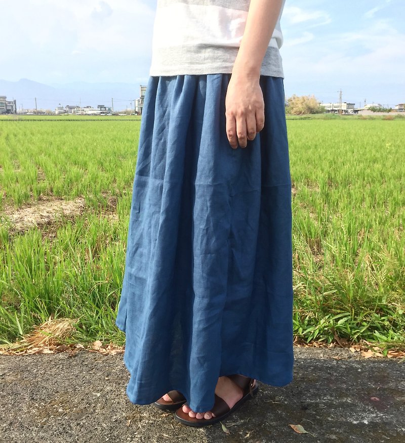 Handmade natural pure linen pocket long round skirt multicolor - Skirts - Cotton & Hemp Blue