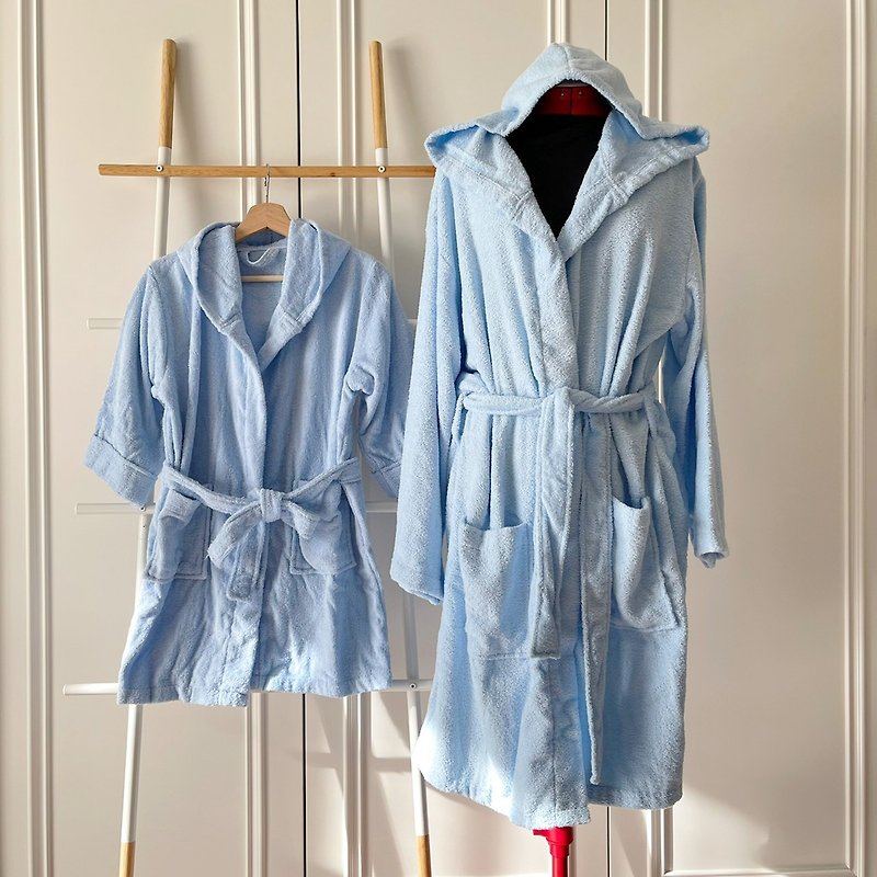 Made in Taiwan, adult hooded, lapel bathrobe/parent-child wear (adult style), sky blue, length 105cm - Loungewear & Sleepwear - Cotton & Hemp 