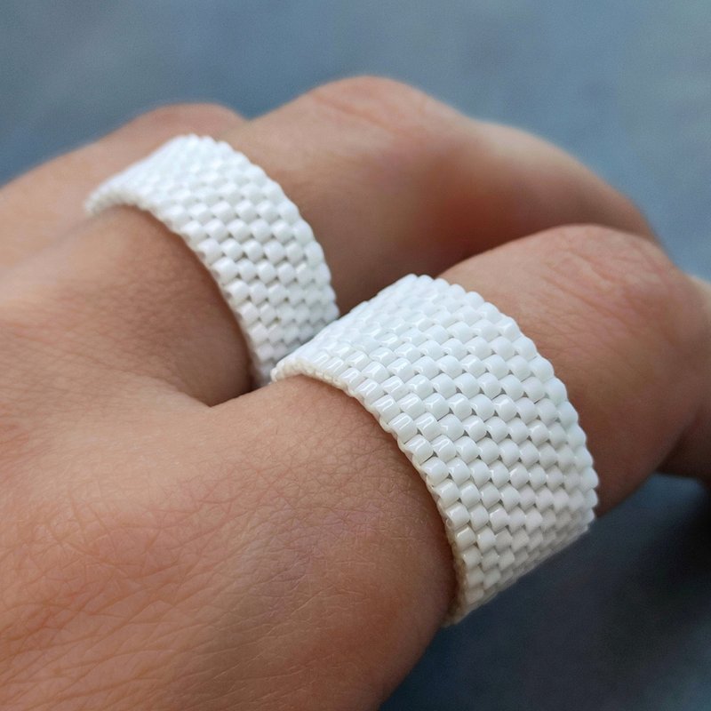 White beaded rings Handmade jewelry Beaded accessories Wide beaded rings - General Rings - Glass White