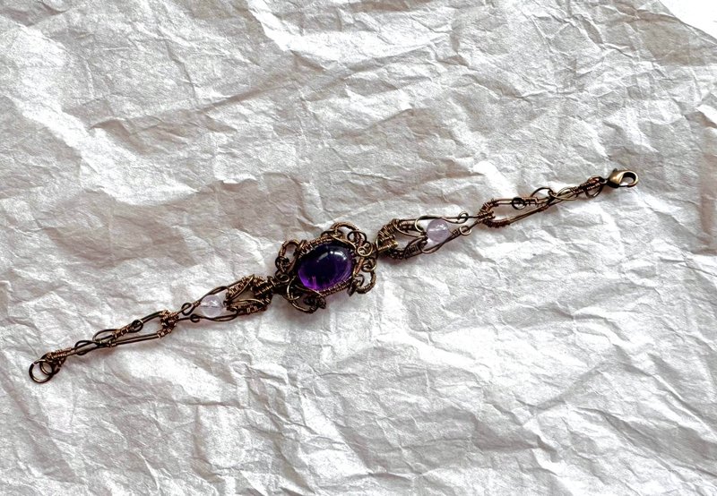 Metal Braided Amethyst Flower Bracelet - สร้อยข้อมือ - ทองแดงทองเหลือง สีกากี