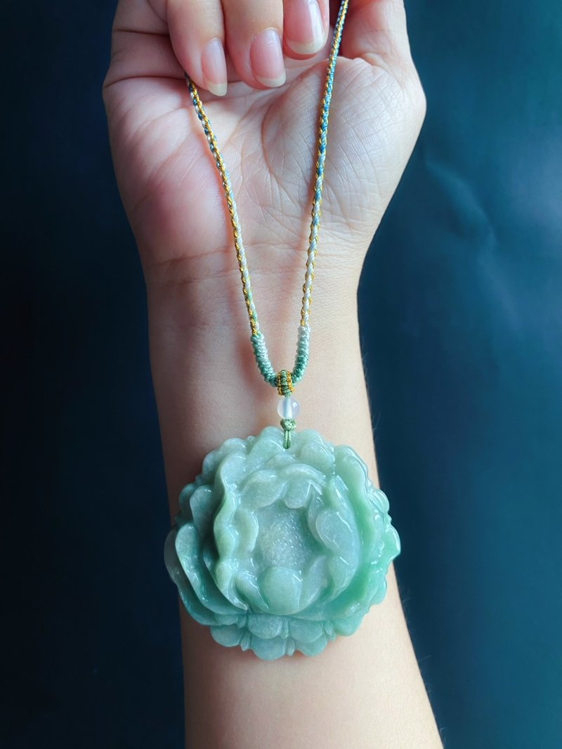 綠牡丹 春日 手工編繩 天然緬甸玉翡翠 有錢花 項鍊 禮物 長輩禮 - 項鍊 - 玉石 綠色