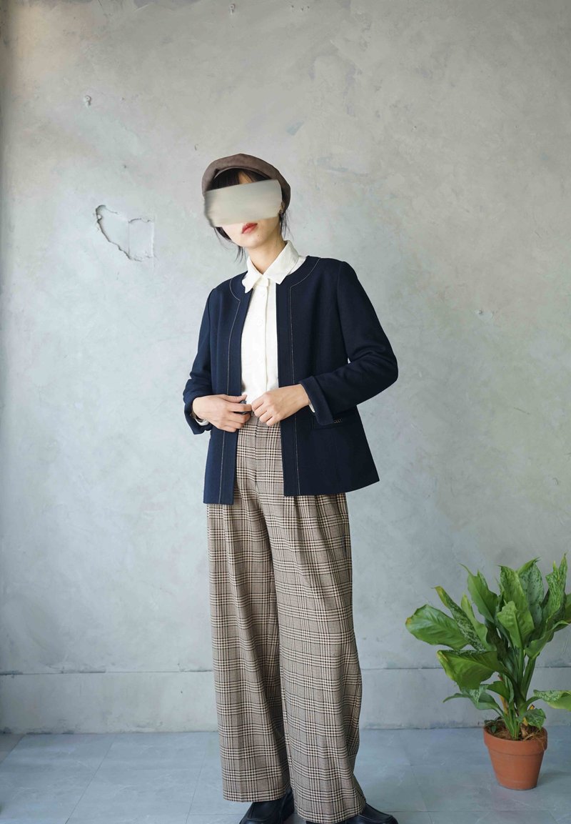 尋寶古著-Leilian深藍質感精梳毛呢無領開襟外套罩衫 - 女大衣/外套 - 羊毛 藍色