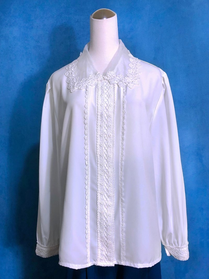 網紗領刺繡滾邊輕古董長袖襯衫/ 國外帶回 VINTAGE - 女襯衫 - 聚酯纖維 白色