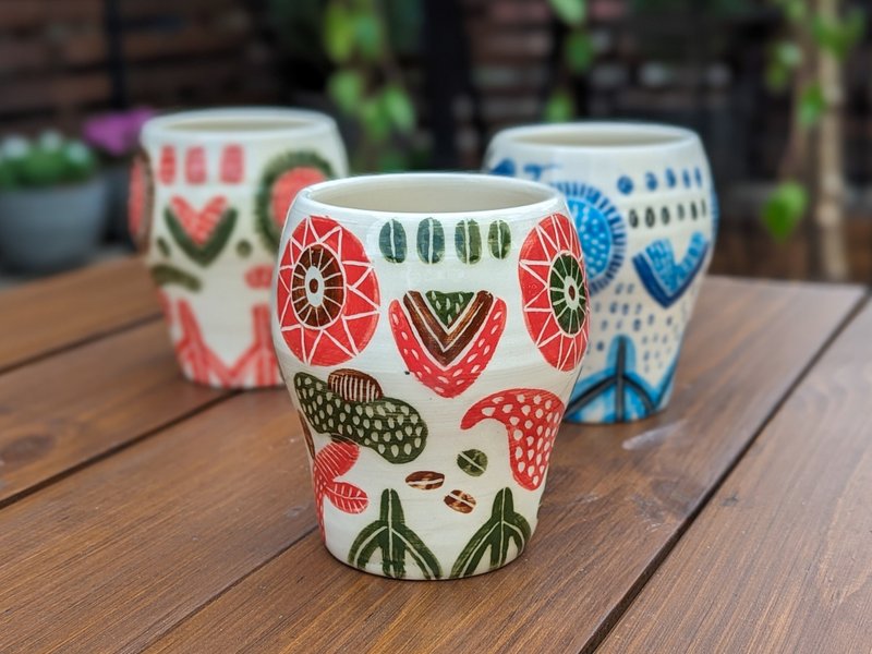 Handmade ceramic cup 300 ml Sgraffito folk art Two designs Tea cup pottery - Mugs - Pottery Multicolor