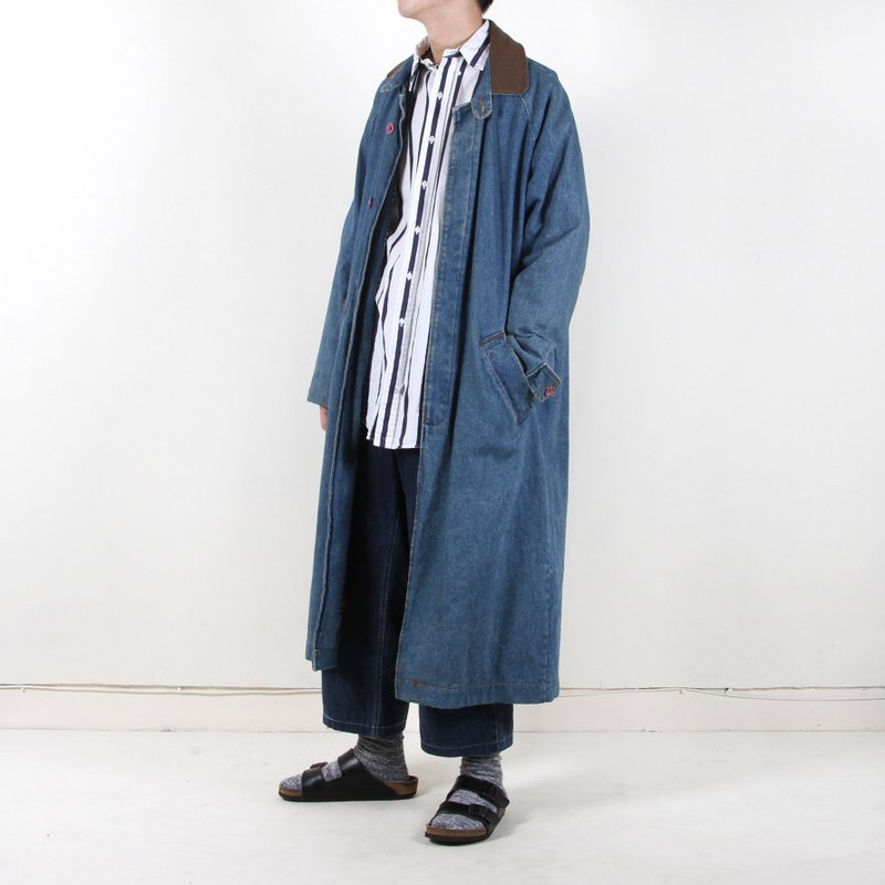 [Vintage] eggplant neat long collar cowboy coat - เสื้อโค้ทผู้ชาย - ผ้าฝ้าย/ผ้าลินิน สีน้ำเงิน