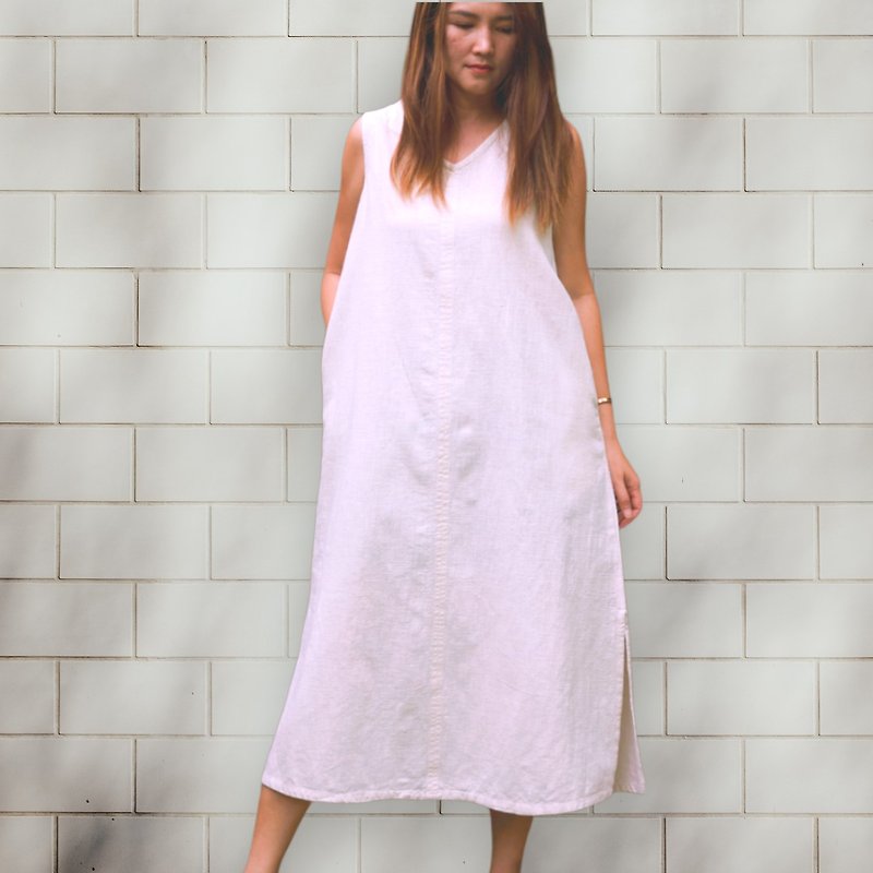 Rosemary Dress, white linen, V-neck, side slit and side pockets. - One Piece Dresses - Cotton & Hemp White