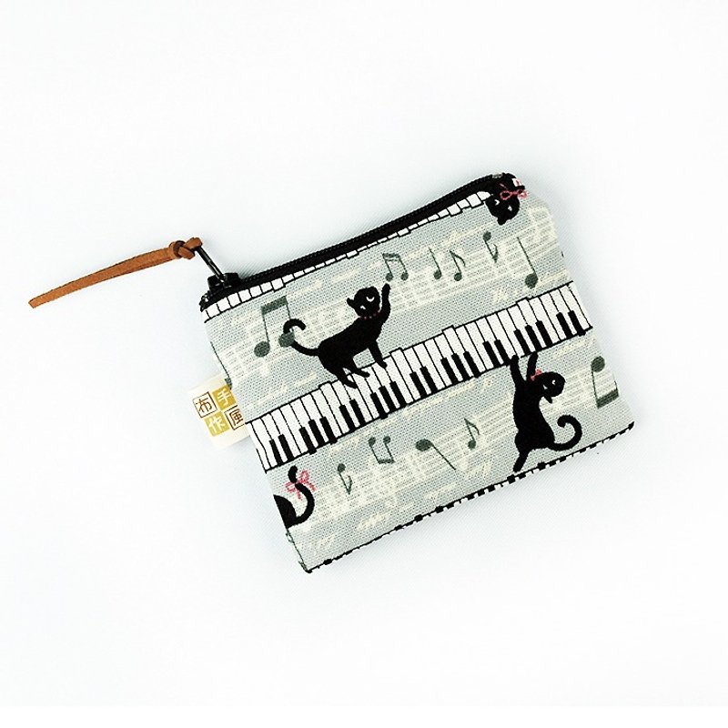 Piano black cat coin pocket _ gray / left one piece - กระเป๋าใส่เหรียญ - ผ้าฝ้าย/ผ้าลินิน สีเทา