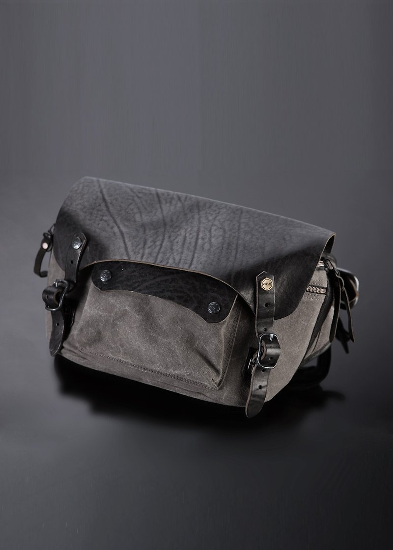 RXE X 2AS Limited Edition | Leather Thick Pound Canvas Functional Sloping Shoulder Rider Bag - Messenger Bags & Sling Bags - Genuine Leather Gray