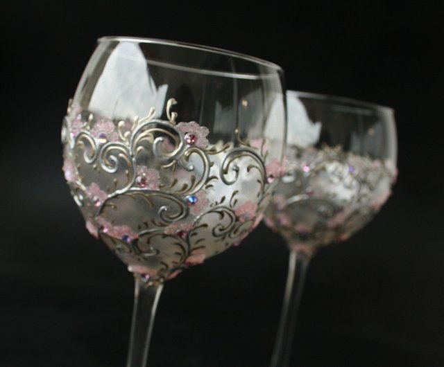 Wine Glasses Black Gold Flowers Swarovski Crystals, Hand-painted set of 2 -  Shop NeA Glass Bar Glasses & Drinkware - Pinkoi