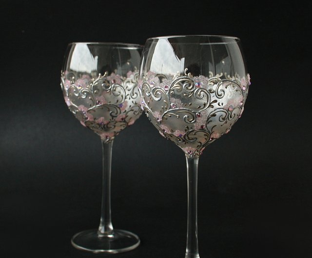 Wine Glasses Black Gold Flowers Swarovski Crystals, Hand-painted set of 2 -  Shop NeA Glass Bar Glasses & Drinkware - Pinkoi