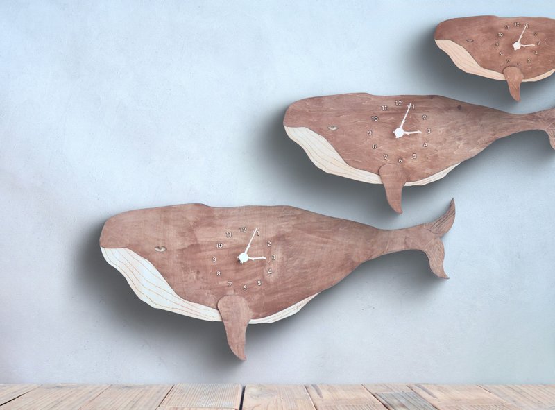 [Made-to-order] Fin whale swims in space mega size clock wooden wall clock - นาฬิกา - ไม้ สีนำ้ตาล