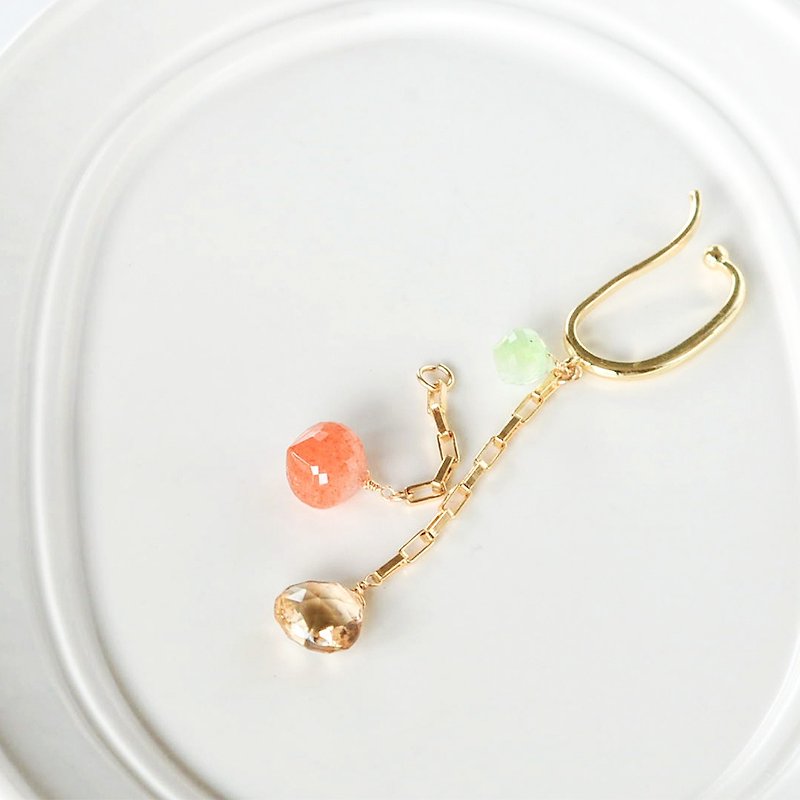 14kgf/Natural stone ear cuff/champagne quartz x pink moonstone 2WAY - Earrings & Clip-ons - Gemstone Pink