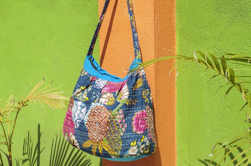 Valentine’s Day gift limited one piece of natural cotton embroidered cross-body bag/backpack/side bag/shoulder bag/travel bag/hand-stitched saree side bag/embroidered side bag-blue colorful flowers + saree embroidery - กระเป๋าแมสเซนเจอร์ - ผ้าฝ้าย/ผ้าลินิน หลากหลายสี